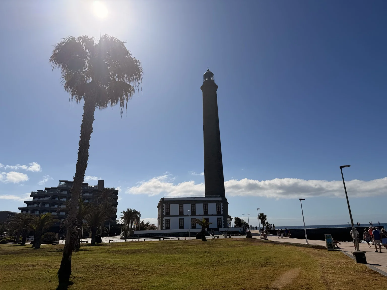 Faro de Maspalomas junto a una palmera y el paseo