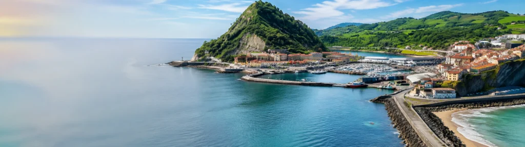 Hero panorámico nítido de Getaria con el Ratón, el puerto y el casco, con degradado suave en la parte izquierda.