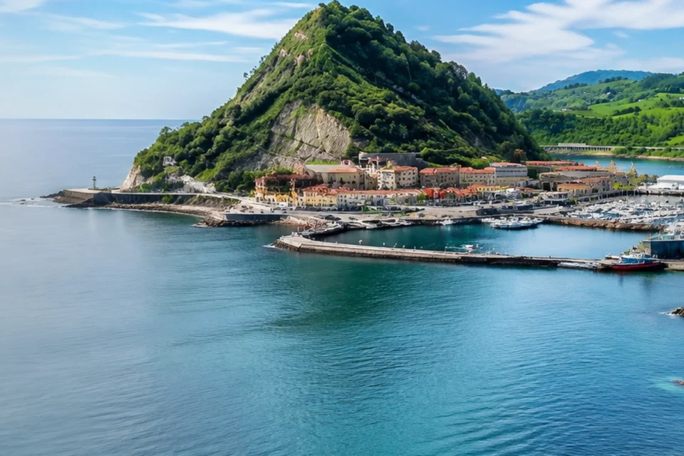 Hero panorámico nítido de Getaria con el Ratón, el puerto y el casco, con degradado suave en la parte izquierda.