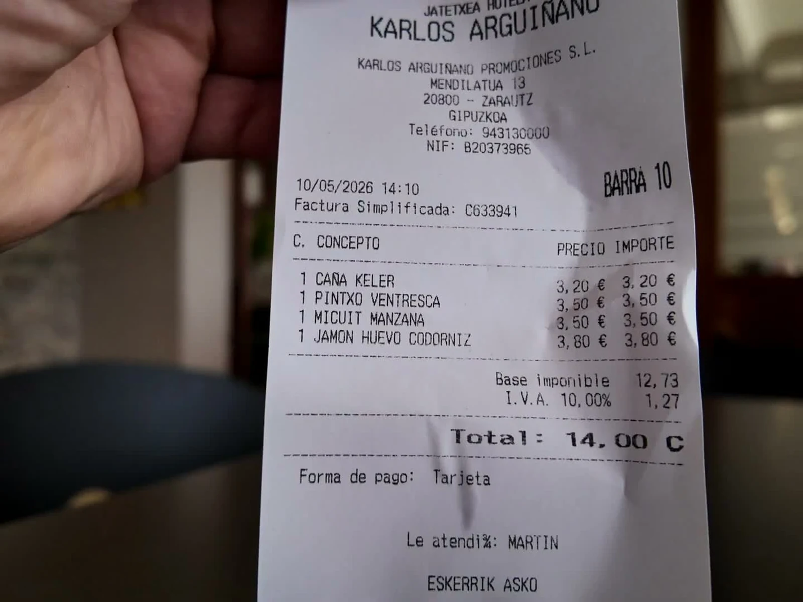Ticket del bar de Karlos Arguiñano del 10 de mayo de 2026