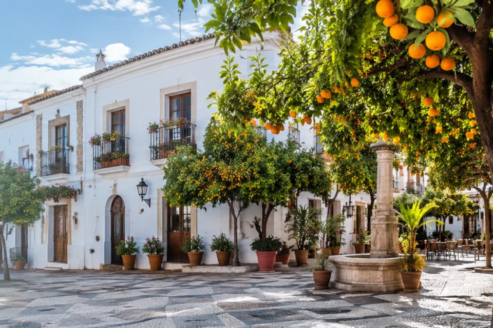 Imagen panorámica inspirada en la Plaza de los Naranjos de Marbella para la portada de la etapa