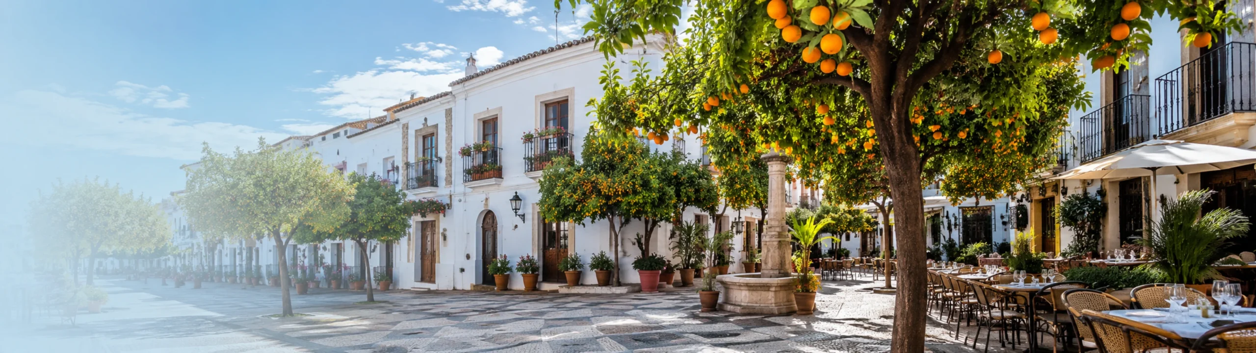 Imagen panorámica inspirada en la Plaza de los Naranjos de Marbella para la portada de la etapa