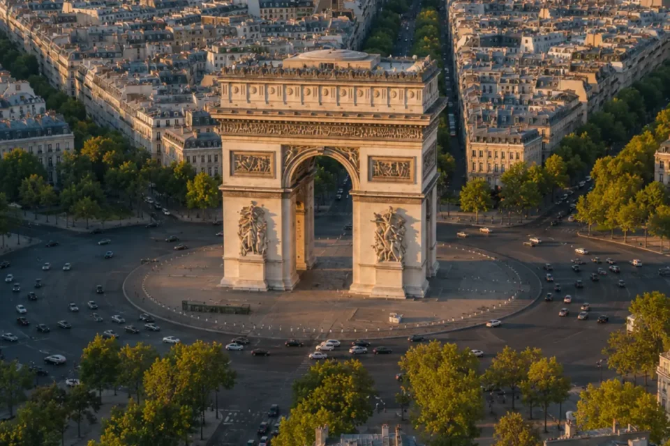 Arco del Triunfo completo y las avenidas de París vistos desde el aire