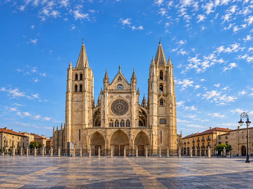 Fachada completa de la Catedral de León desde la plaza