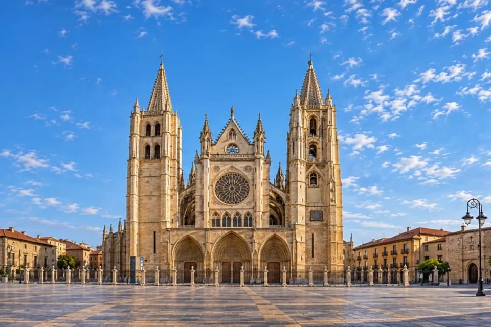Fachada completa de la Catedral de León desde la plaza