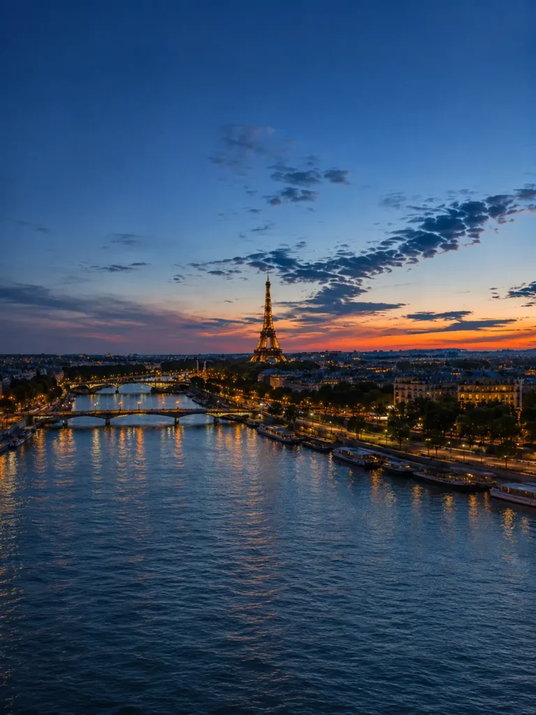 Torre Eiffel, el Sena y los puentes de París al anochecer