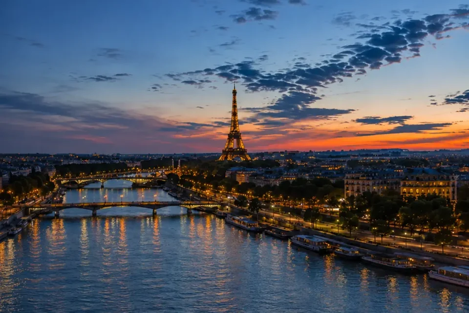 Torre Eiffel, el Sena y los puentes de París al anochecer