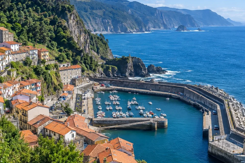 Vista panorámica recreada de Elantxobe, con el pueblo descendiendo por la ladera hacia el puerto y el mar Cantábrico