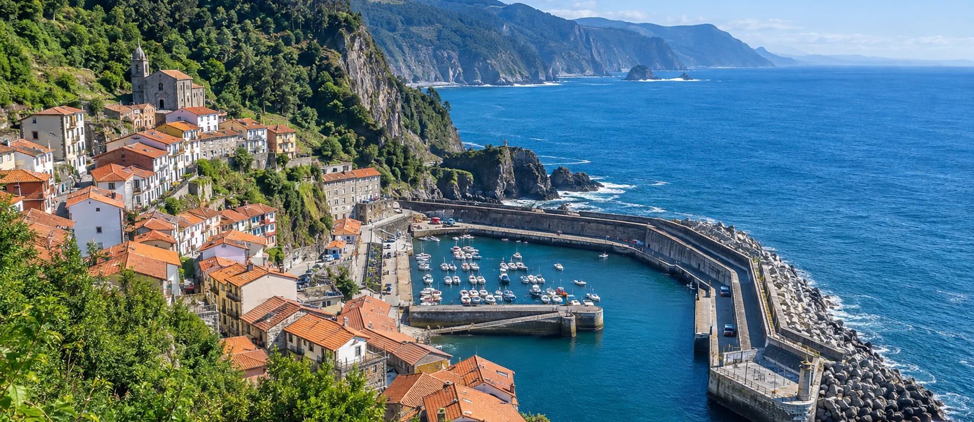Vista panorámica recreada de Elantxobe, con el pueblo descendiendo por la ladera hacia el puerto y el mar Cantábrico