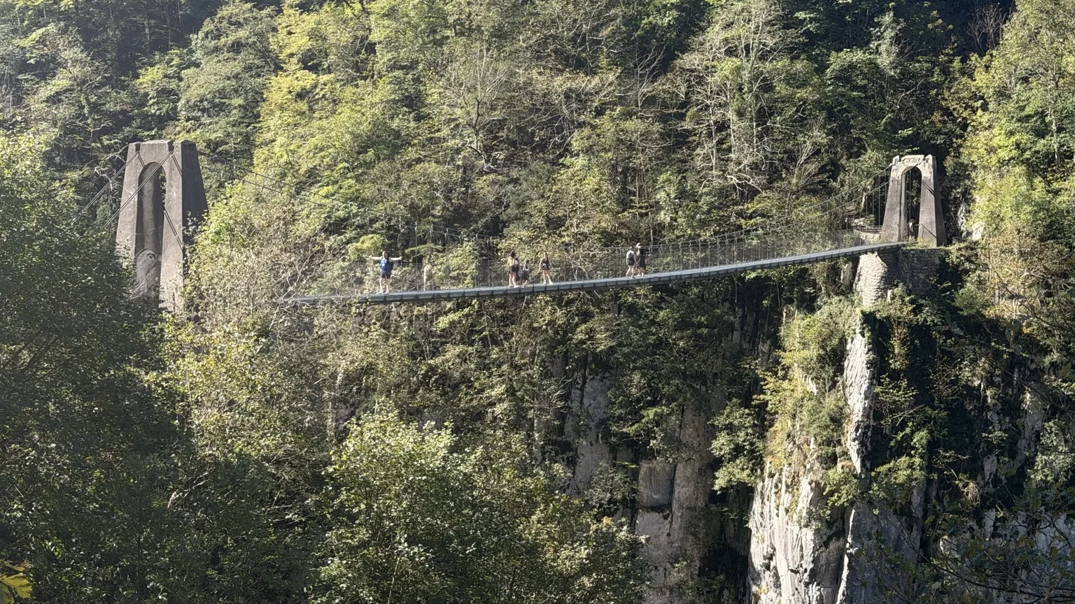 Vista amplia lateral de la Pasarela de Holzarte suspendida sobre la garganta entre bosque y roca