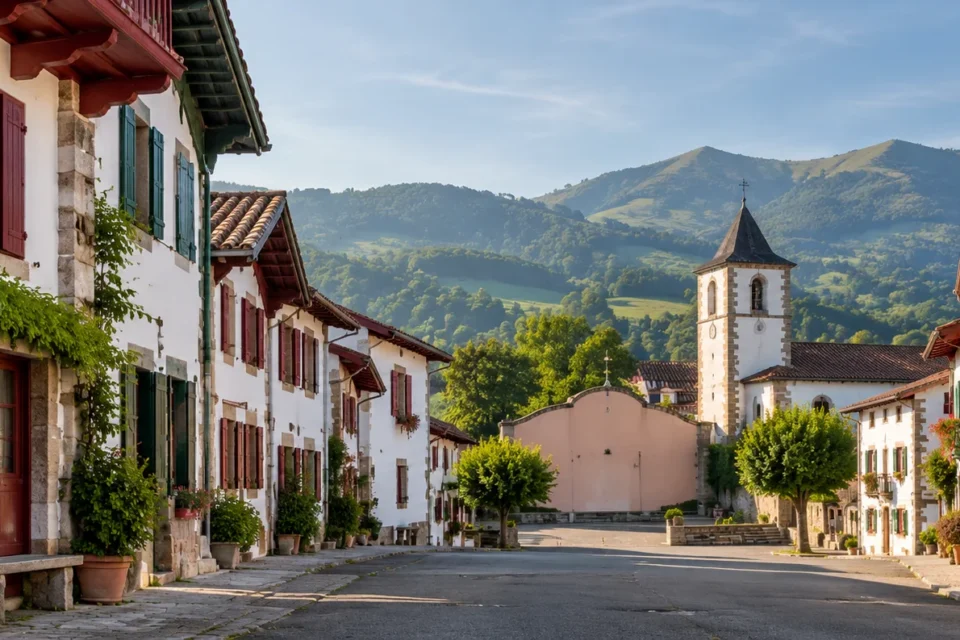 Recreación editorial panorámica de Ainhoa, con casas tradicionales vascas, frontón, iglesia y montañas al fondo