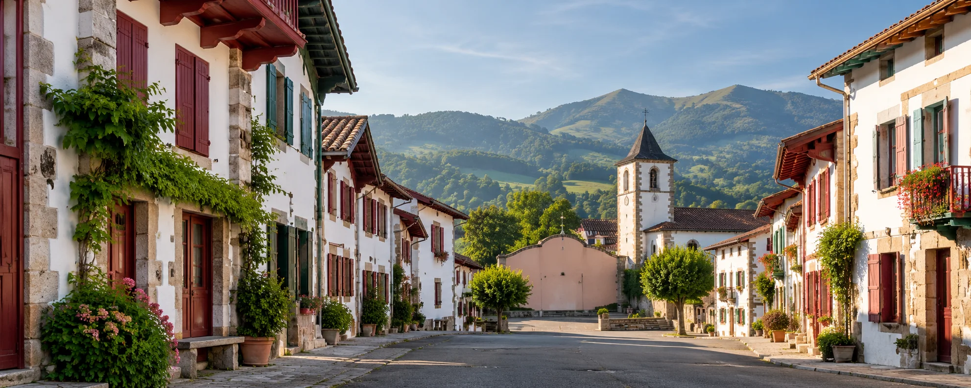 Recreación editorial panorámica de Ainhoa, con casas tradicionales vascas, frontón, iglesia y montañas al fondo
