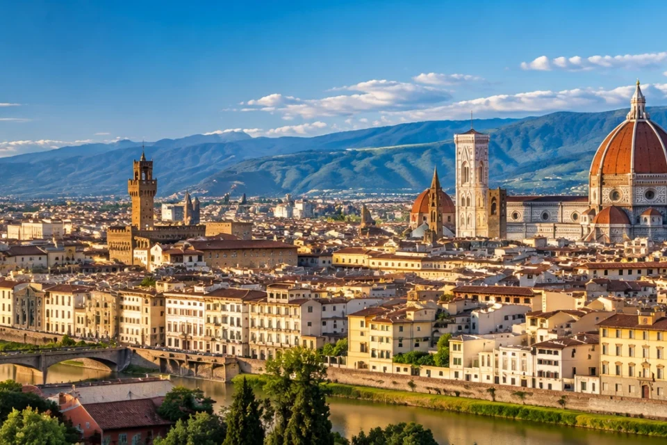 Panorámica editorial ilustrativa de Florencia con cúpula del Duomo y el río Arno; no es una fotografía documental