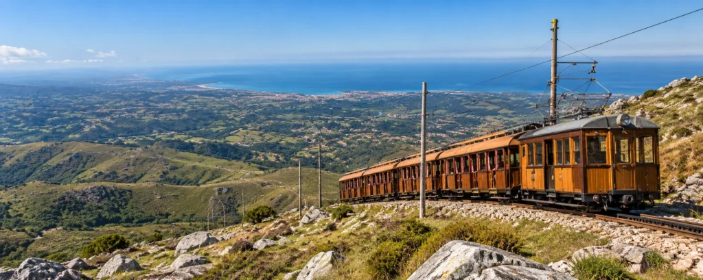 Recreación editorial panorámica del tren de Larrun subiendo por la montaña con el Cantábrico al fondo
