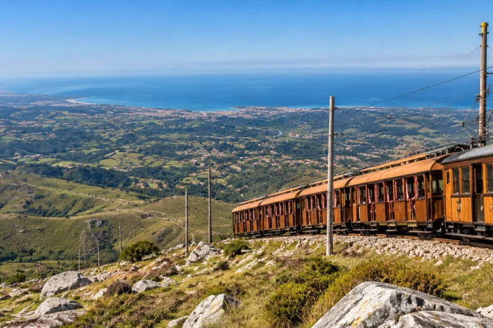 Recreación editorial panorámica del tren de Larrun subiendo por la montaña con el Cantábrico al fondo