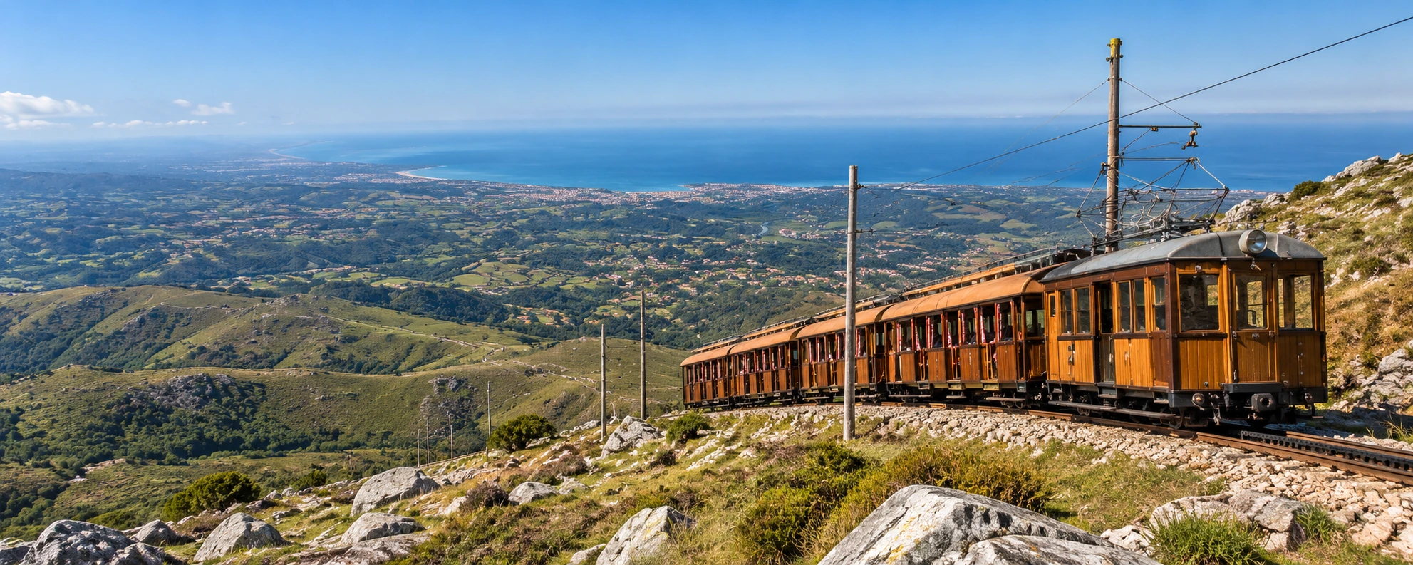 Recreación editorial panorámica del tren de Larrun subiendo por la montaña con el Cantábrico al fondo
