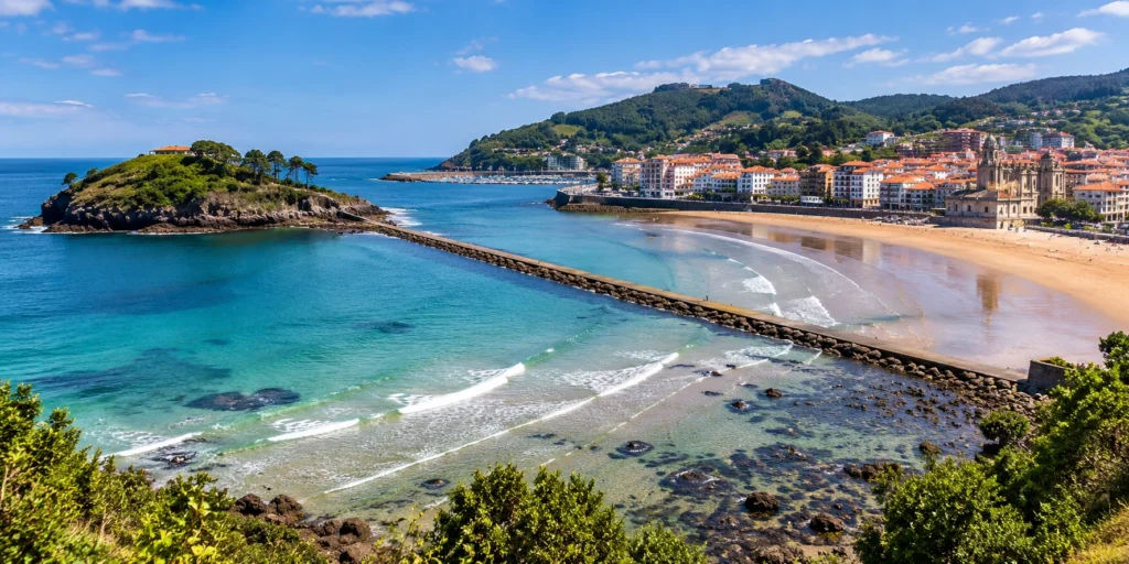 Recreación editorial panorámica de Lekeitio con la playa de Isuntza, la isla de Garraitz, la bahía y el casco urbano