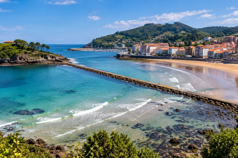 Recreación editorial panorámica de Lekeitio con la playa de Isuntza, la isla de Garraitz, la bahía y el casco urbano