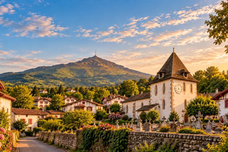 Vista panorámica abierta de Sare con la iglesia de Saint-Martin completa, el cementerio, casas vascas y el Larrun al fondo