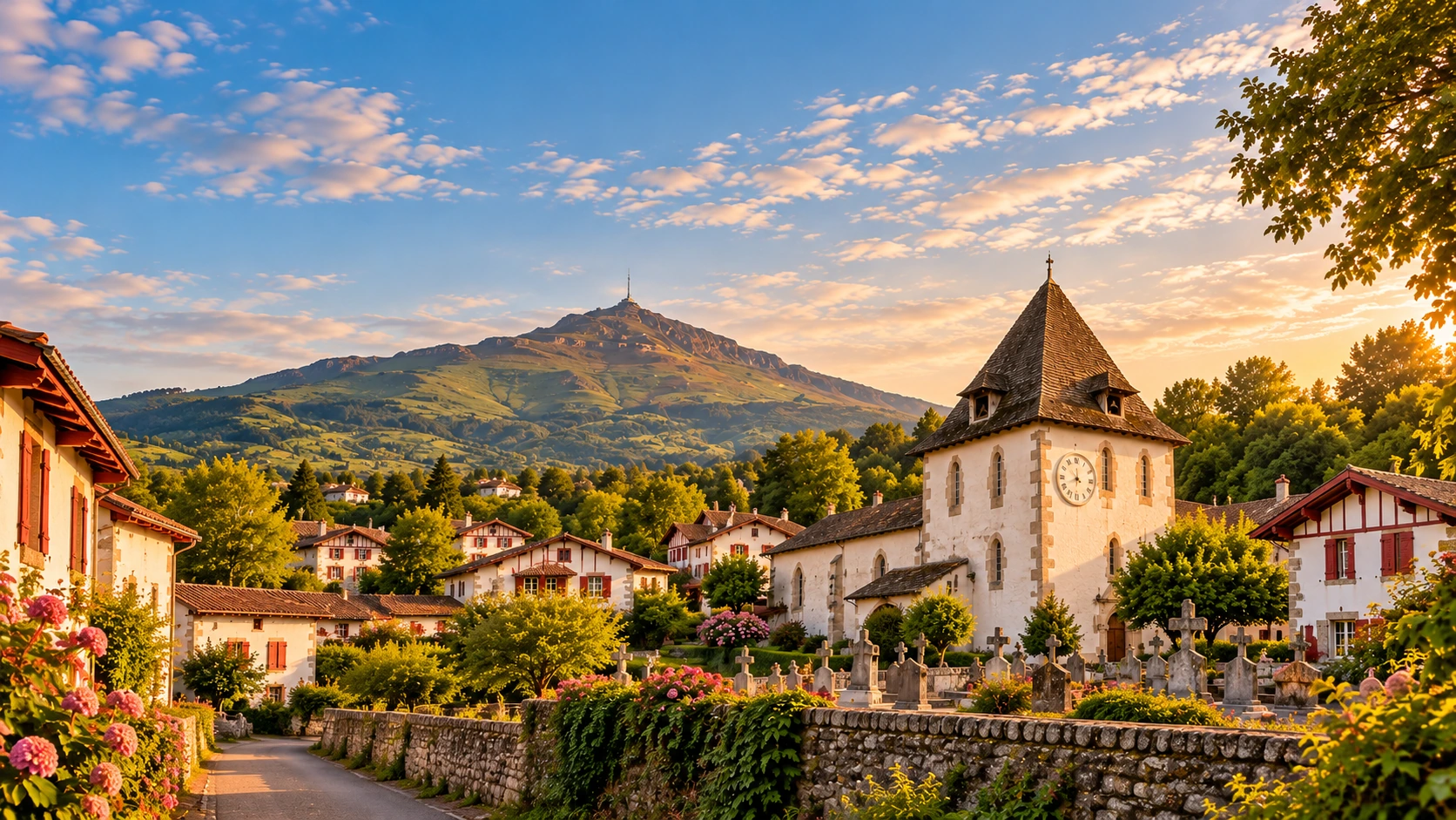 Vista panorámica abierta de Sare con la iglesia de Saint-Martin completa, el cementerio, casas vascas y el Larrun al fondo