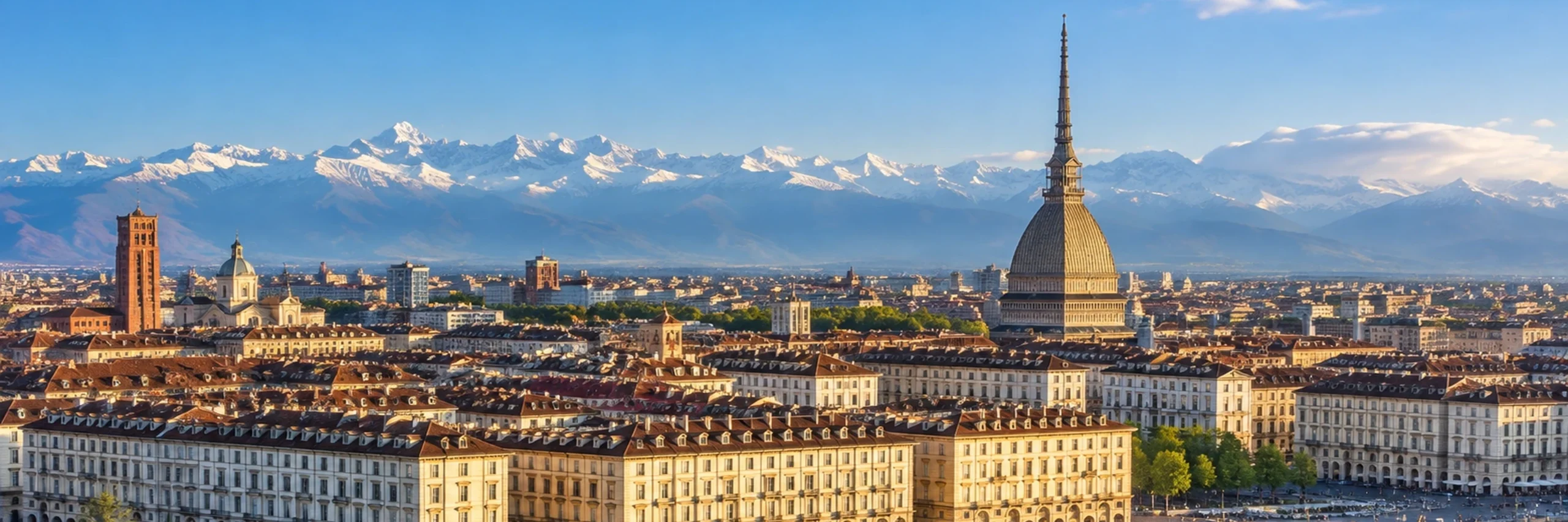 Recreación editorial panorámica de Turín con la Mole Antonelliana, el río Po y los Alpes